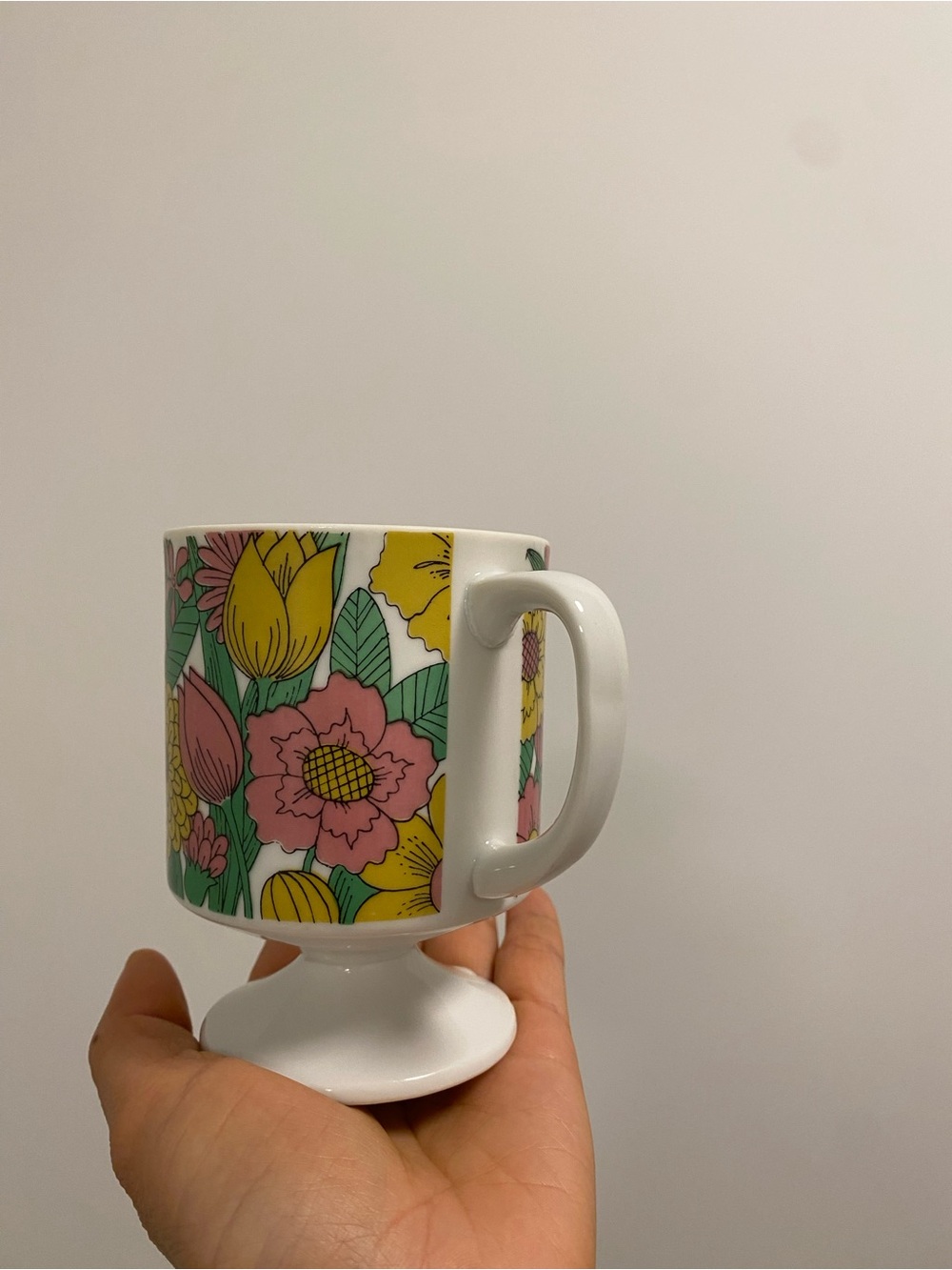 Vintage - Japan - Floral Pedestal Mug with Pink, Yellow & Green Pattern
